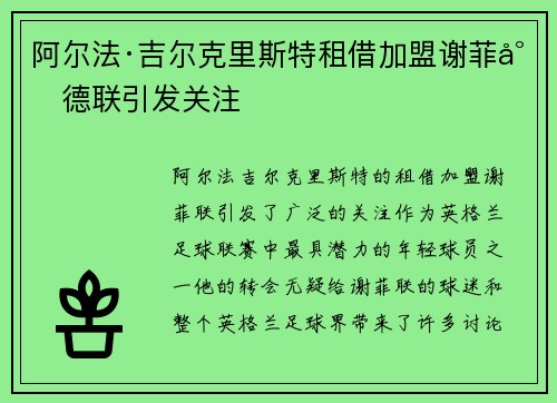 阿尔法·吉尔克里斯特租借加盟谢菲尔德联引发关注